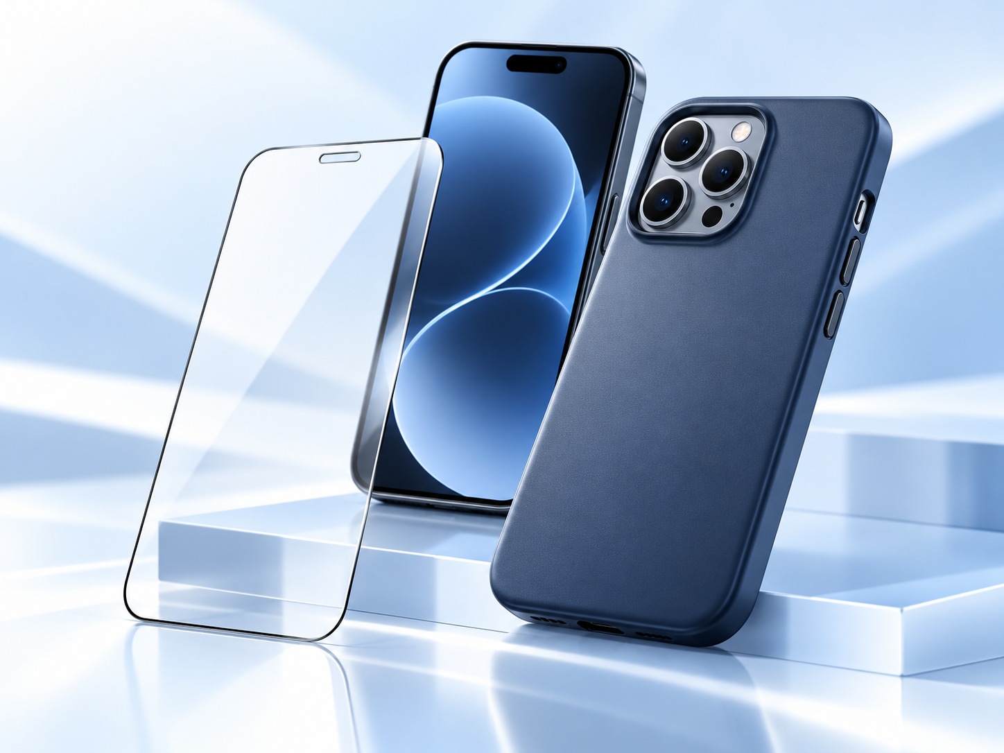 Blue phone case and screen protector shown in full
